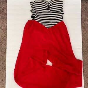 Striped Black and White Top with Red Wide Leg Pants (1 Piece)
